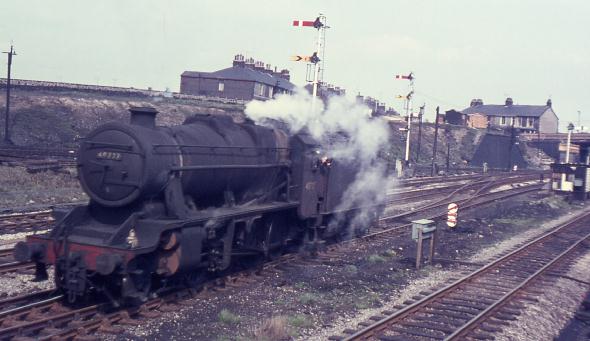 Steam finally died in 1968 in North West England. This picture is of 8F freight 2-8-0 no. 48727 at Rose Grove in April 1968.